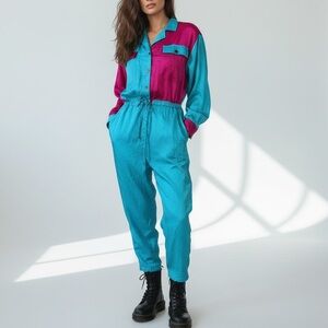 1990s Ideas Color Block Windbreaker Jumpsuit Teal Magenta Athletic One-Piece Med